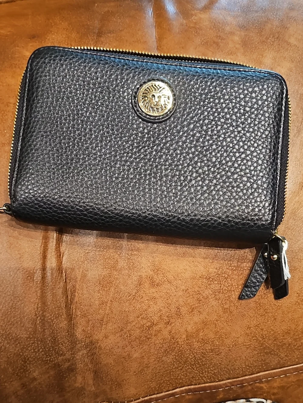 Anne Klein Black Pebbled Zip-Around Wallet with Gold Emblem